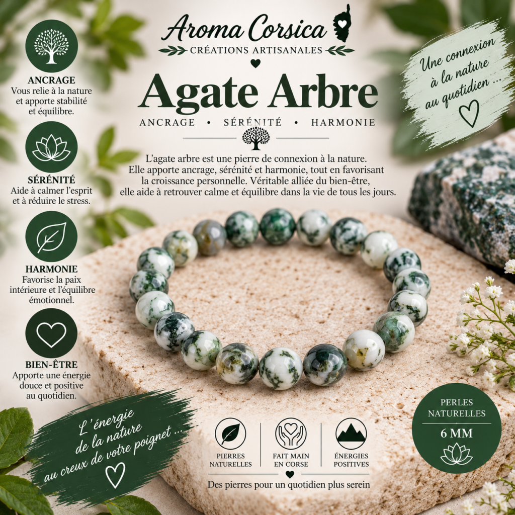 Bracelet en pierre agate arbre pour homme et femme