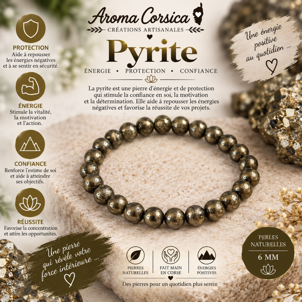 Bracelet pour homme et femme en pierre de pyrite - pierre de réussite et de prospérité abondance