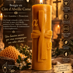 Bougie en cire d'abeille avec la croix, l'alpha et l'oméga.