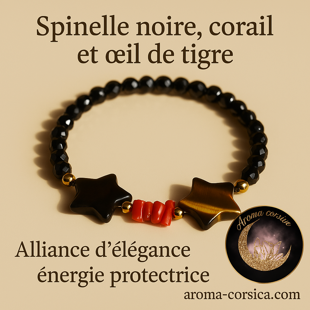 Bracelet de protection pour femme en Spinelle Noire & Corail Rouge