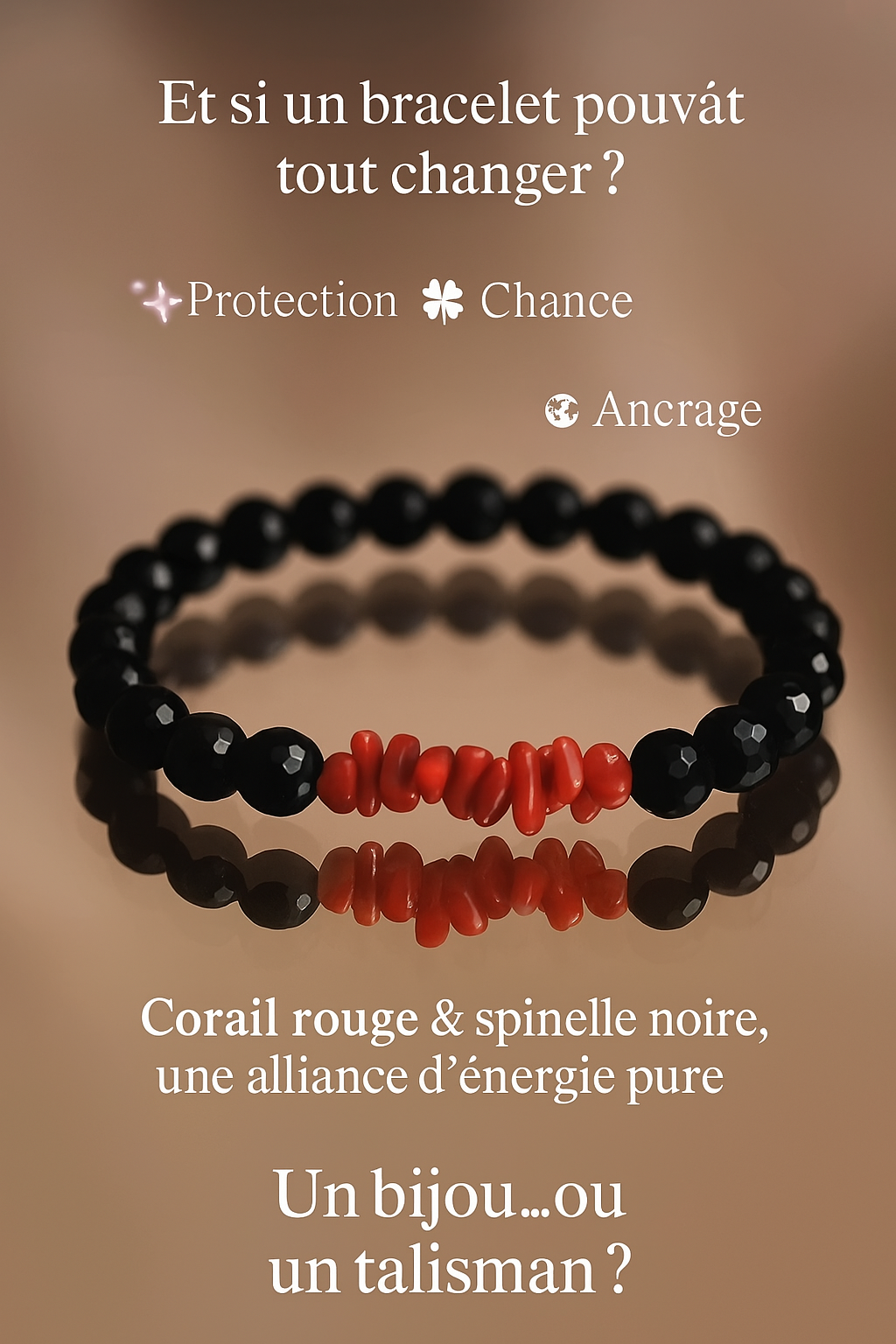 Bracelet de protection pour femme en Spinelle Noire & Corail Rouge