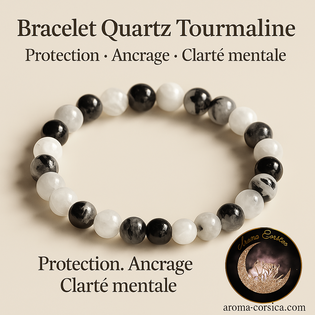 Bracelet en pierre quartz et tourmaline noire.