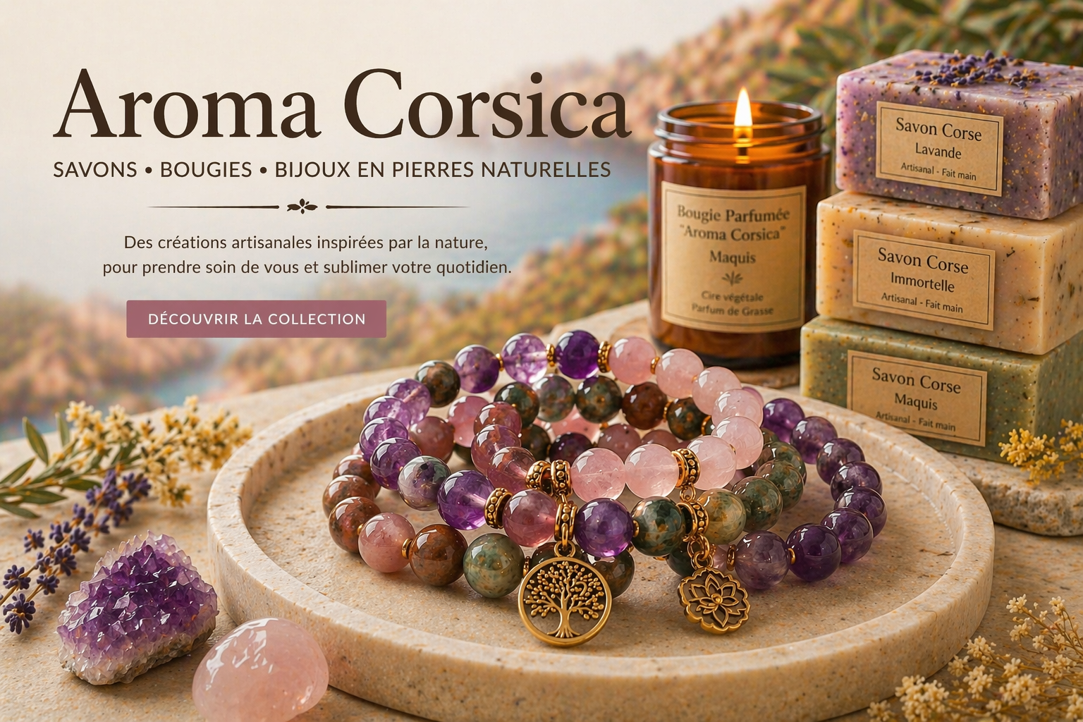 Produits bien-être naturels. Savons, bougies, bijoux, bracelets bien-être en pierres naturels pour leur vertus et bienfaits pour homme et femme.