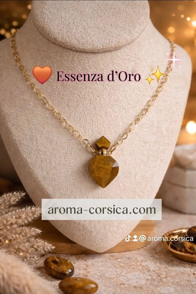collier pour femme or 14 carats pierre oeil de tigre bouteille de parfum