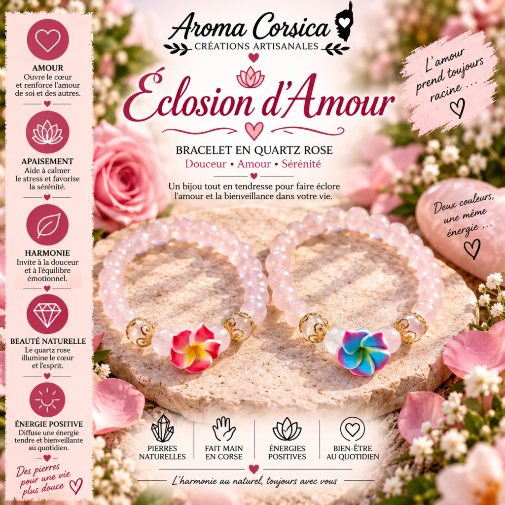 Bracelet en quartz rose pour l'amour, le stress, l'Anxiété, le sommeil