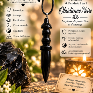 Pendule pendentif 2 en 1 en obsidienne noire