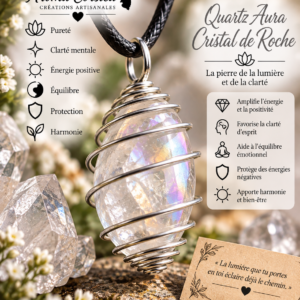 Pendentif collier femme quartz angel aura cristal de roche