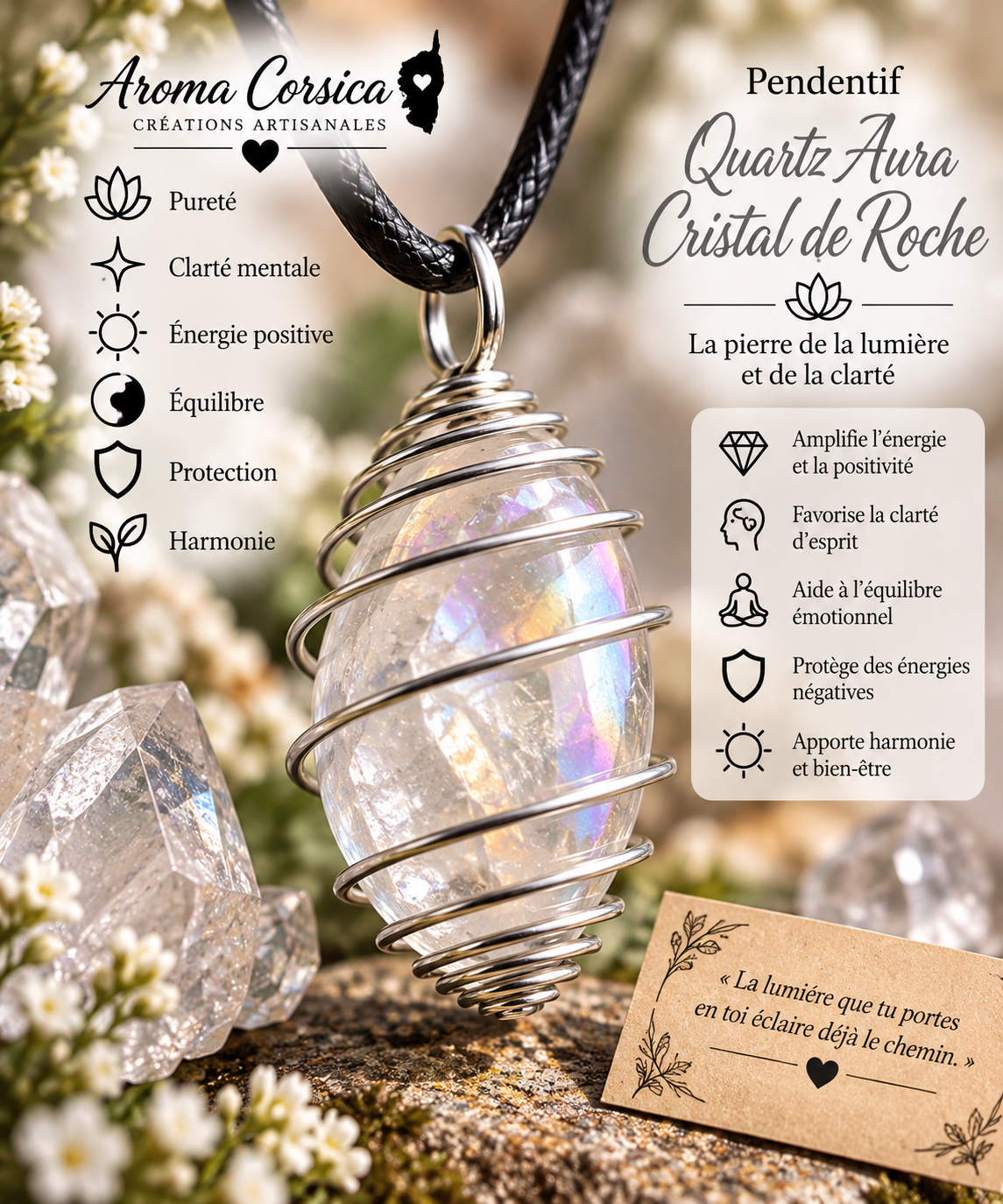 Pendentif collier femme quartz angel aura cristal de roche